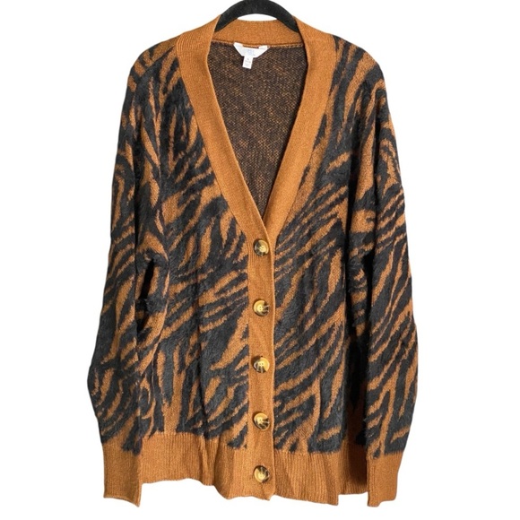 Women’s XL Animal Print Fuzzy Knit Long Cardigan Sweater Grunge Indie Grandpa - Picture 2 of 7